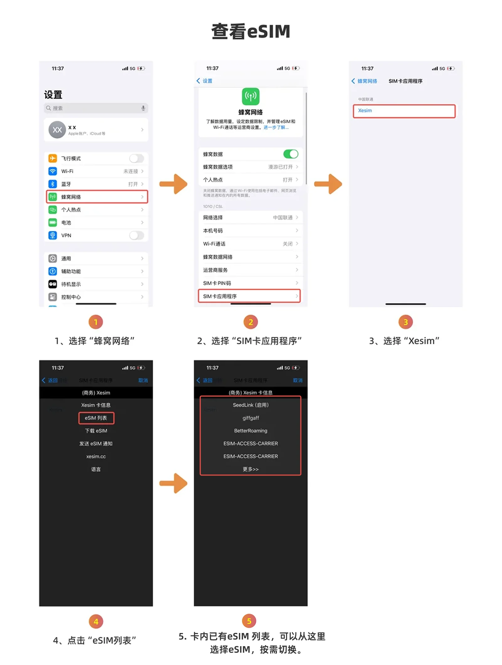iPhone 查看 eSIM 列表的 4 步截图
